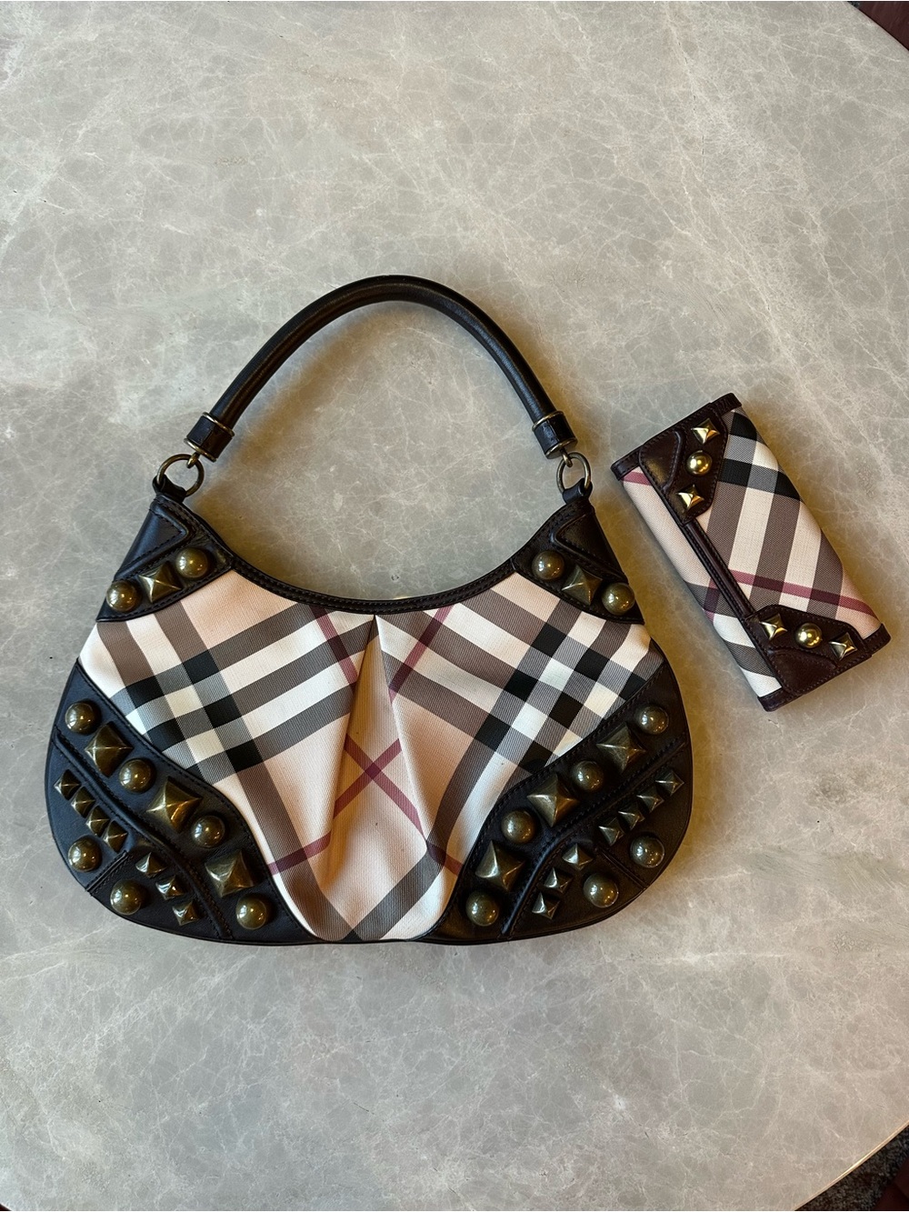 Burberry Beige Plaid Studded Shoulder Bag with Matching Wallet